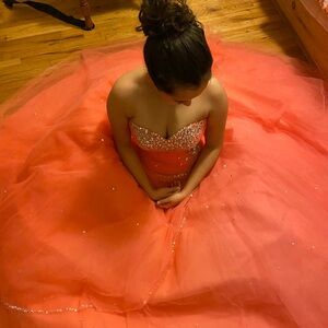 Glamorous Strapless Coral Gown with Beading